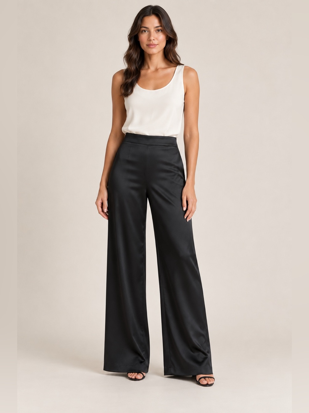 White House Black Market Black Wide-Leg Satin Trousers size 8
